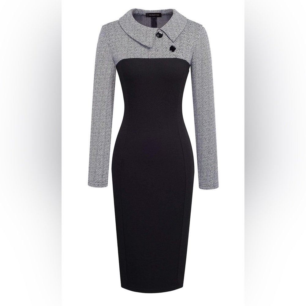 HOMEYEE Women's Retro Chic Colorblock Lapel Career Tunic Dress B238